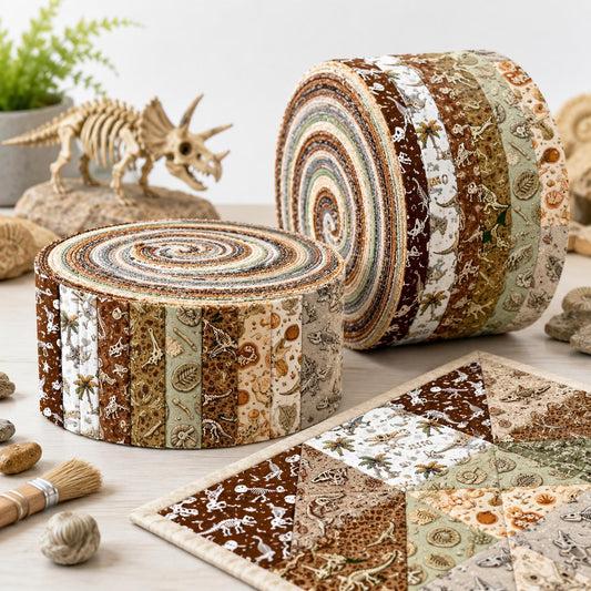 10pcs Vintage Bones Dinosaurs Theme Jelly Roll Fabric Strips 2.5X19.7inch Pre-Cut 100% Polyester For Patchwork Quilts, Table Runners, Placemats, Tote Bags, Storage Pouches, Makeup Bags, Coasters, Quilt Blocks & Binding