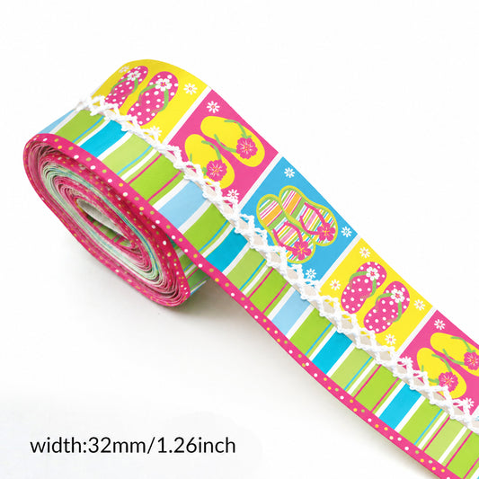 5 Yards Summer Slippers Stripe Print Ribbon, Width 32mm/1.26-Inch, Two Ribbon Equipped with White Center Hook Edge, Ideal for Showcasing Jewelry And Wrapping Gifts, Creating Bows, Holiday Decorations