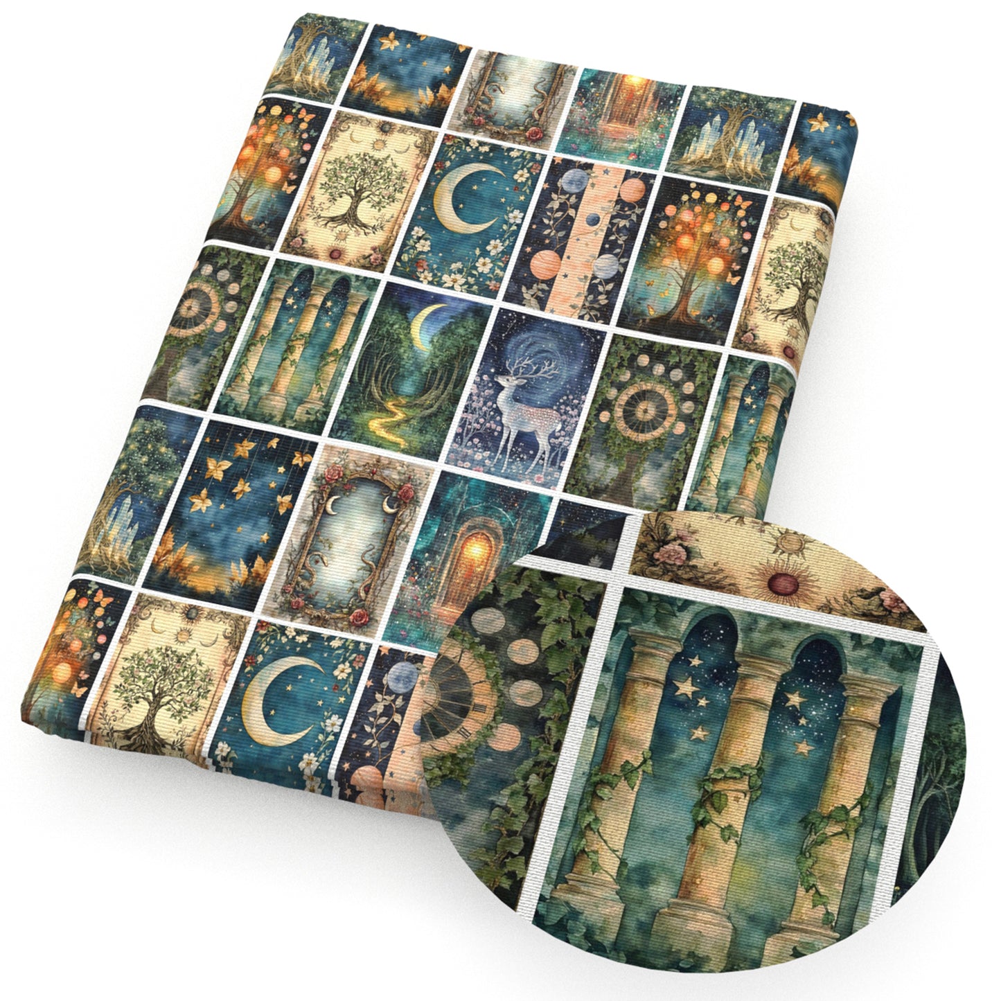 tarot card moon deerreindeer giraffe leaf leaves tree snake pattern fabric