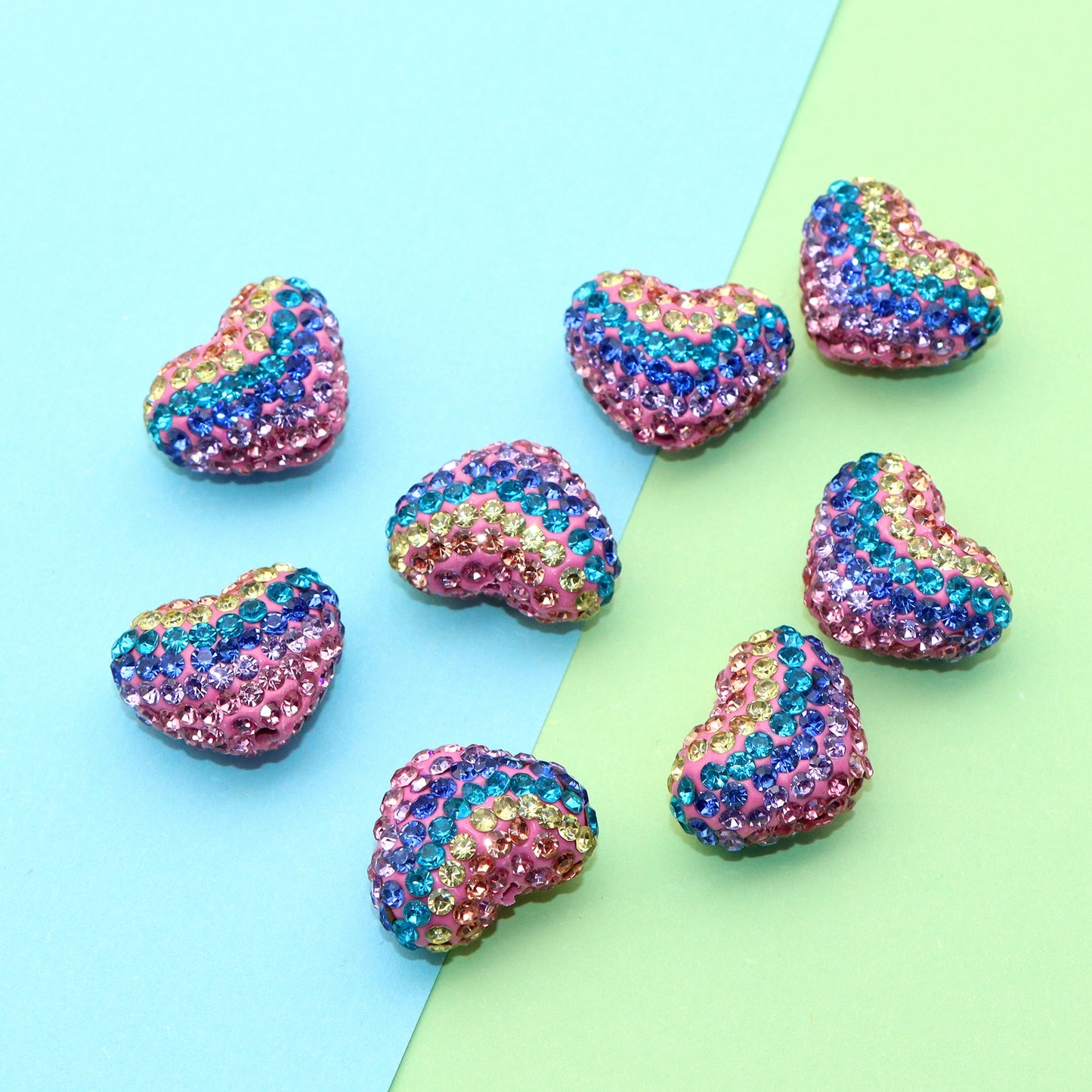 1Pc Faux Rhinestone Polymer Clay Beads Heart Shaped Rainbow Color Loose Spacer Beads with Hole for Jewelry Making DIY Bracelet Necklace Chain Earrings Charm Bangle Decors Craft Supplies