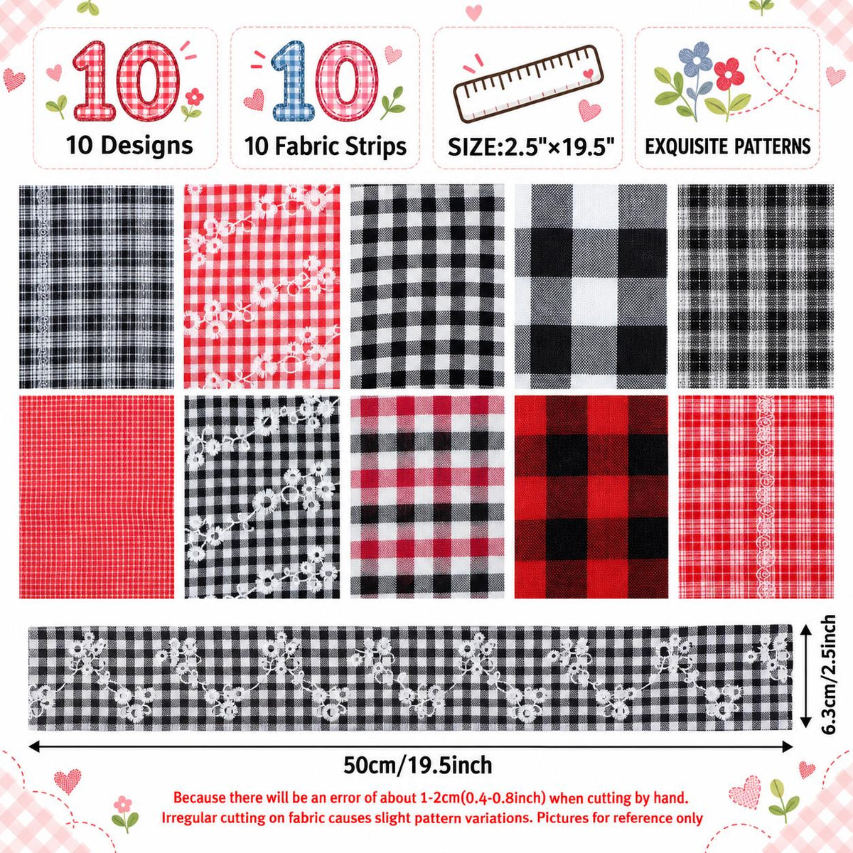 10pcs Vintage Plaid Red & Black Pattern Jelly Roll Fabric Strips 2.5X19.7inch Pre-Cut 100% Polyester For Patchwork Quilts, Table Runners, Placemats, Tote Bags, Storage Pouches, Makeup Bags, Coasters, Quilt Blocks & Binding
