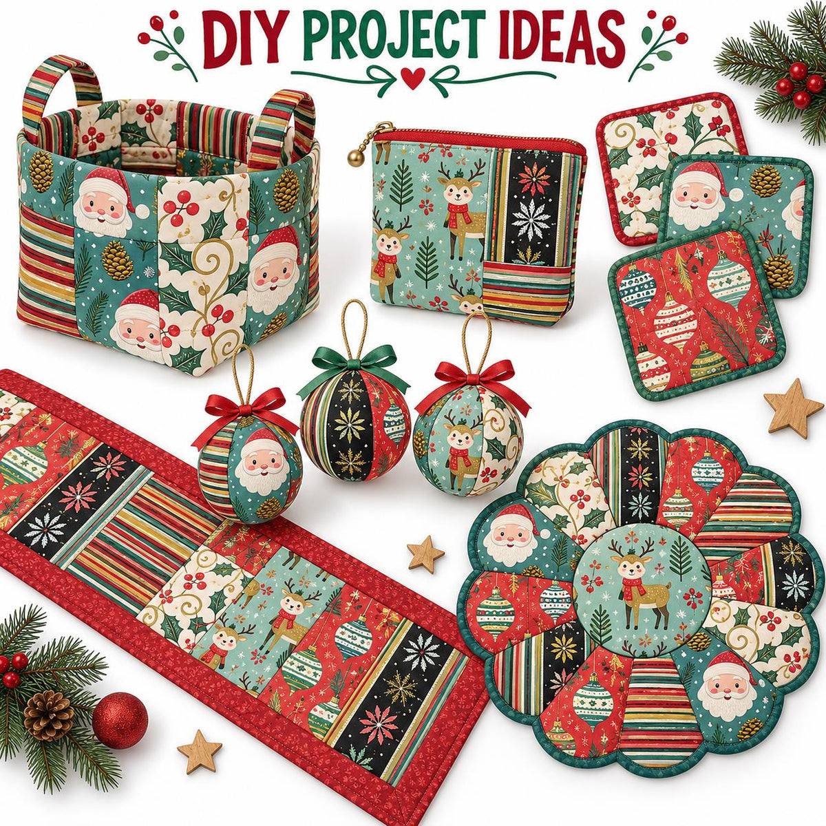 10Pc/Set Christmas Series Flower Stripe Plaid Deer Santa Claus Holly Pinecones Fat Quarter Fabric, Pre-Cut Square Fabric Assort, Fabric Set, Craft Fabric, Handmade DIY Patchwork Fabric,Home Quilting Sewing Fabric, Packaging Fabric, Scrapbooking Craft Hobb
