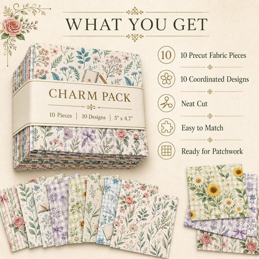 10pcs Charm Pack Set Floral Pattern 100% Polyester Patchwork in 10 Design Styles, Ready-to-Sew Without Cutting, Suitable For Patchwork Wallet Making Gift Giving Tote Bags Coasters DIY Craft Projects