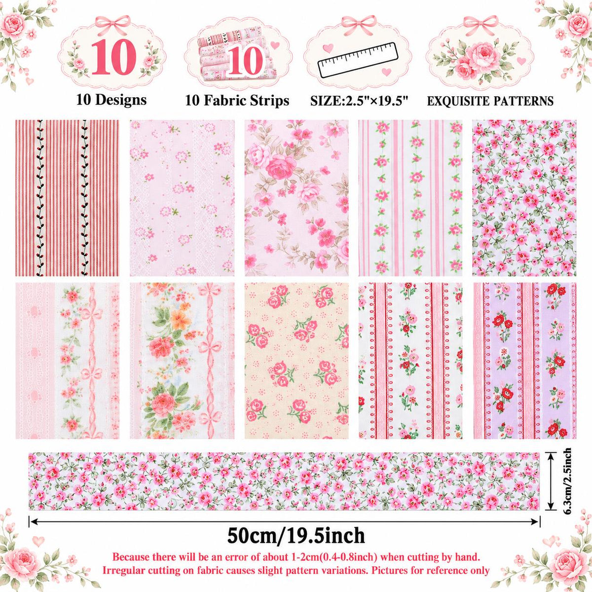 10pcs Vintage Floral Pink Pattern Jelly Roll Fabric Strips 2.5X19.7inch Pre-cut 100% Polyester for Patchwork Quilts, Table Runners, Placemats, Tote Bags, Storage Pouches, Makeup Bags, Coasters, Quilt Blocks & Binding Multi-color