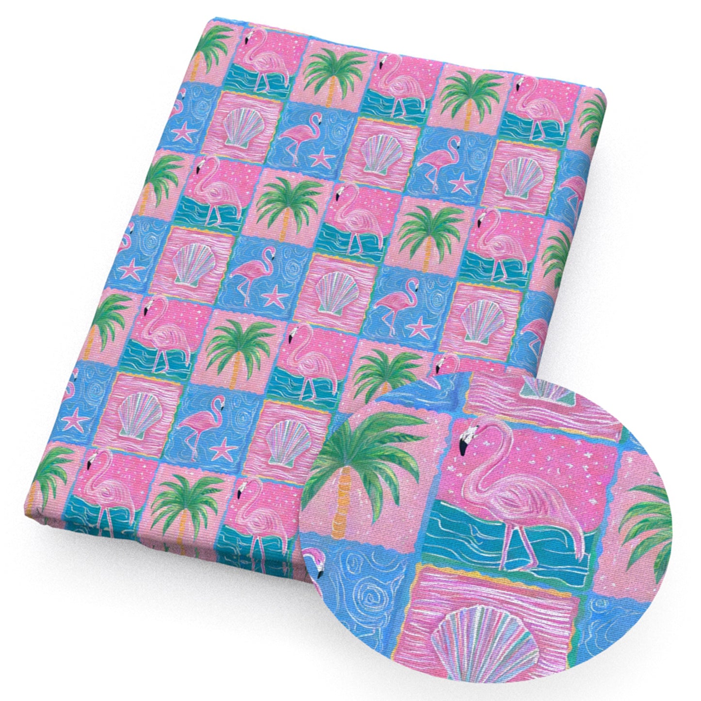 coconut palm tree flamingo shell star starfish plaid grid fabric