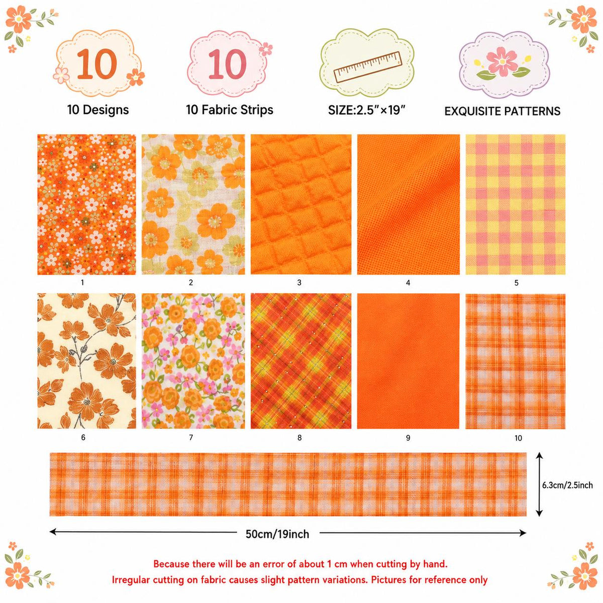 10Pc/Set, Making 10 Images 1pc Each, Each Size: 6.3*50cm Floral Orange Autumn Series Sliced Fabric Set Style Combination, Polyester Jelly Roll Fabric Strips, Pre-Cut Quilting Squares, For Quilting DIY, Handicrafts And Sewing, Blankets, Rugs, Interior Deco