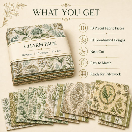 10pcs Charm Pack Set Green Floral Pattern 100% Polyester Patchwork in 10 Design Styles, Ready-to-Sew Without Cutting, Suitable For Patchwork Wallet Making Gift Giving Tote Bags Coasters DIY Craft Projects For Mother's Gift