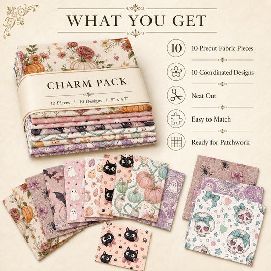 10pcs Charm Pack Set Bat Ghost Halloween Vintage Style Pattern Handmade DIY with Rich Color and Texture Elements 100% Polyester Patchwork in 10 Design Styles Suitable for Patchwork DIY Craft Projects DIY Wallet Making Gift Giving Bag Making