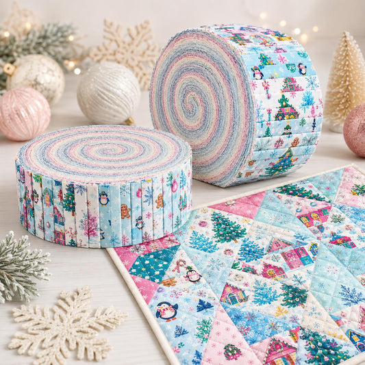 10pcs Vintage Penguin Gift Snow Christmas Tree Theme Jelly Roll Fabric Strips 2.5X19.7inch Pre-Cut 100% Polyester For Patchwork Quilts, Table Runners, Placemats, Tote Bags, Storage Pouches, Makeup Bags, Coasters, Quilt Blocks & Binding
