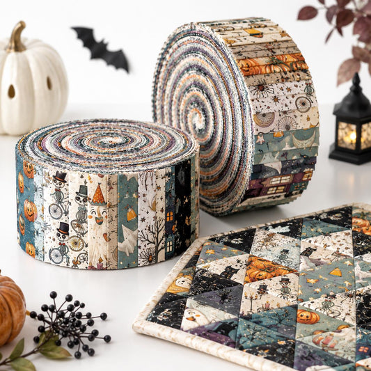 10pcs Vintage Halloween Bike Bat Ghost Theme Jelly Roll Fabric Strips 2.5X19.7inch Pre-Cut 100% Polyester For Patchwork Quilts, Table Runners, Placemats, Tote Bags, Storage Pouches, Makeup Bags, Coasters, Quilt Blocks & Binding