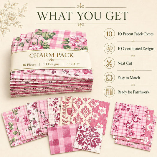 10pcs Charm Pack Set Pink Flower Pattern Vintage Style Pattern Handmade DIY with Rich Color and Texture Elements 100% Polyester Patchwork in 10 Design Styles Suitable for Patchwork DIY Craft Projects DIY Wallet Making Gift Giving Bag Making Mother's Day G