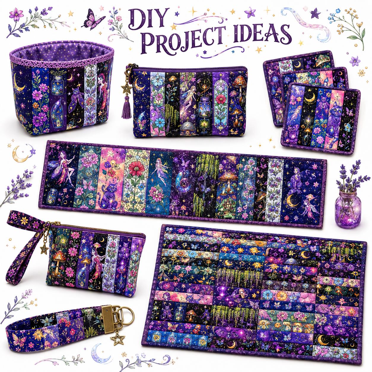 10pcs Vintage Moon Cat Bottle Night Pattern Jelly Roll Fabric Strips 2.5X19.7inch Pre-cut 100% Polyester for Patchwork Quilts, Table Runners, Placemats, Tote Bags, Storage Pouches, Makeup Bags, Coasters, Quilt Blocks & Binding Halloween Gift