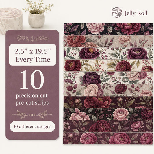 10pcs Vintage Peony Flower Jelly Roll Fabric Strips 2.5X19.7inch Pre-Cut 100% Polyester For Patchwork Quilts, Table Runners, Placemats, Tote Bags, Storage Pouches, Makeup Bags, Coasters, Quilt Blocks & Binding