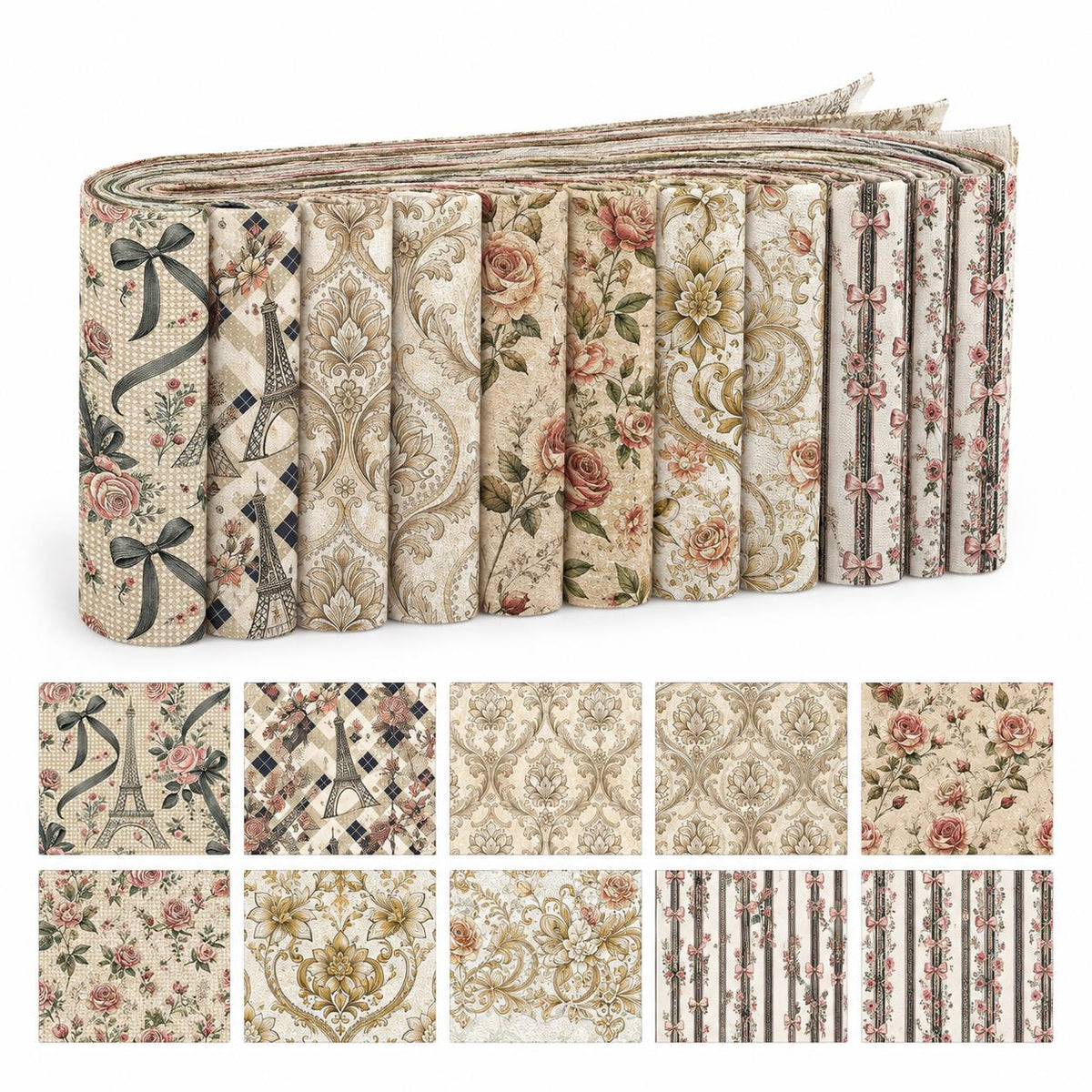 10pcs Vintage Floral Pattern Jelly Roll Fabric Strips 2.5X19.7inch Pre-Cut 100% Polyester For Patchwork Quilts, Table Runners, Placemats, Tote Bags, Storage Pouches, Makeup Bags, Coasters, Quilt Blocks & Binding