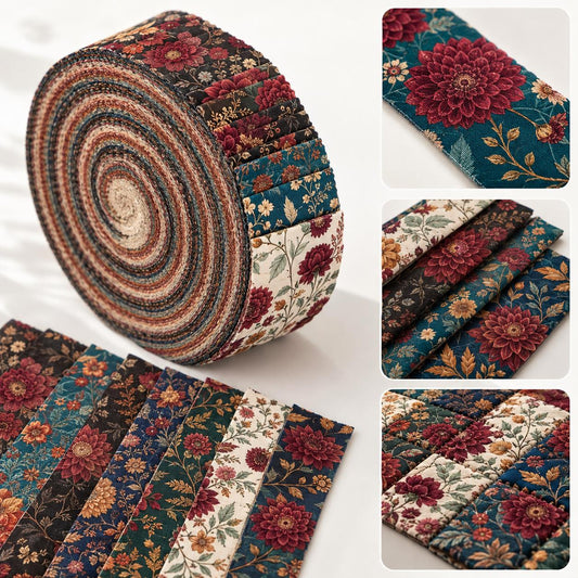 10pcs Vintage Red Floral Pattern Jelly Roll Fabric Strips 2.5X19.7inch Pre-Cut 100% Polyester For Patchwork Quilts, Table Runners, Placemats, Tote Bags, Storage Pouches, Makeup Bags, Coasters, Quilt Blocks & Binding