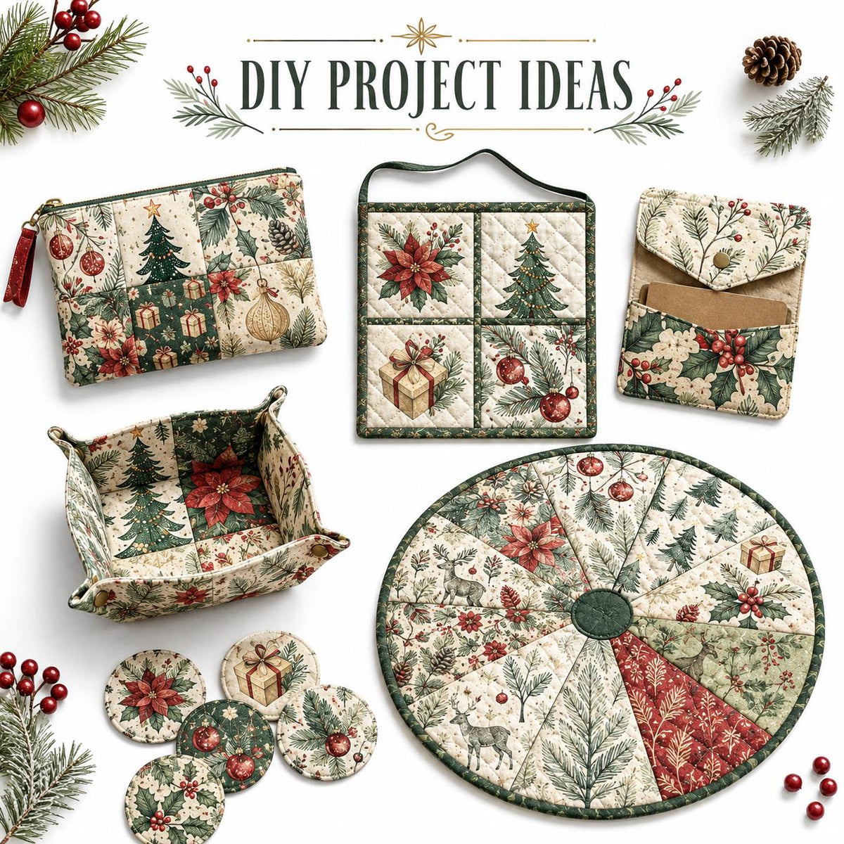 10Pc/Set Christmas Series Bowknot Star Flower Deer Holly Christmas Tree Fat Quarter Fabric, Pre-Cut Square Fabric Assort, Fabric Set, Craft Fabric, Handmade DIY Patchwork Fabric,Home Quilting Sewing Fabric, Packaging Fabric, Scrapbooking Craft Hobbyist