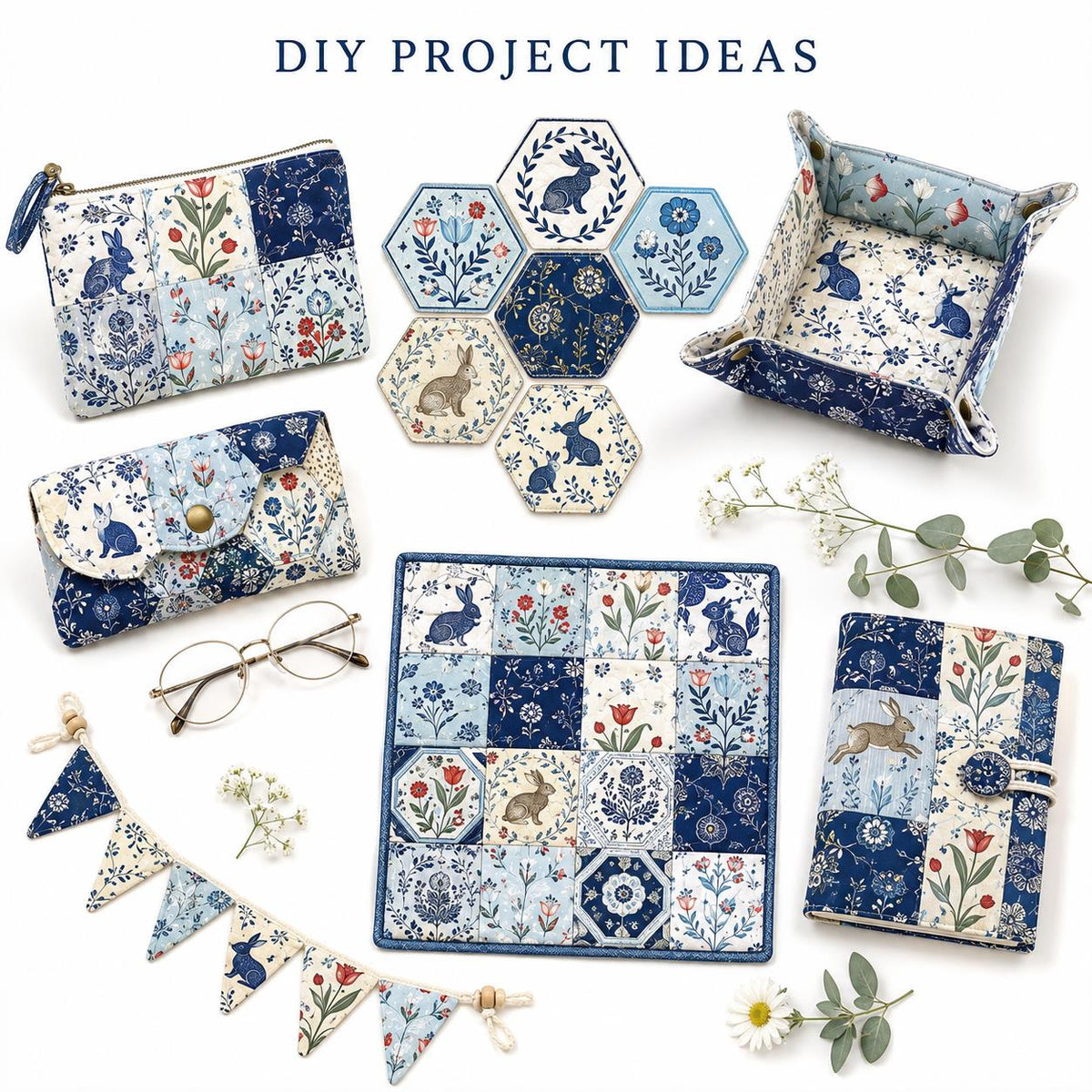 10pcs Charm Pack Set Floral Rabbit Vintage Style Pattern Handmade DIY with Rich Color and Texture Elements 100% Polyester Patchwork in 10 Design Styles Suitable for Patchwork DIY Craft Projects DIY Wallet Making Gift Giving Bag Making Mother's Day Gift