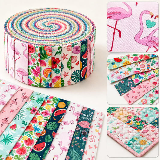 10Pc/Set, Making 10 Images 1pc Each, Each Size: 6.3*50cm Summer Watermelon Flamingo Series Sliced Fabric Set Style Combination, Polyester Jelly Roll Fabric Strips, Pre-Cut Quilting Squares, For Quilting DIY, Handicrafts And Sewing, Blankets, Rugs
