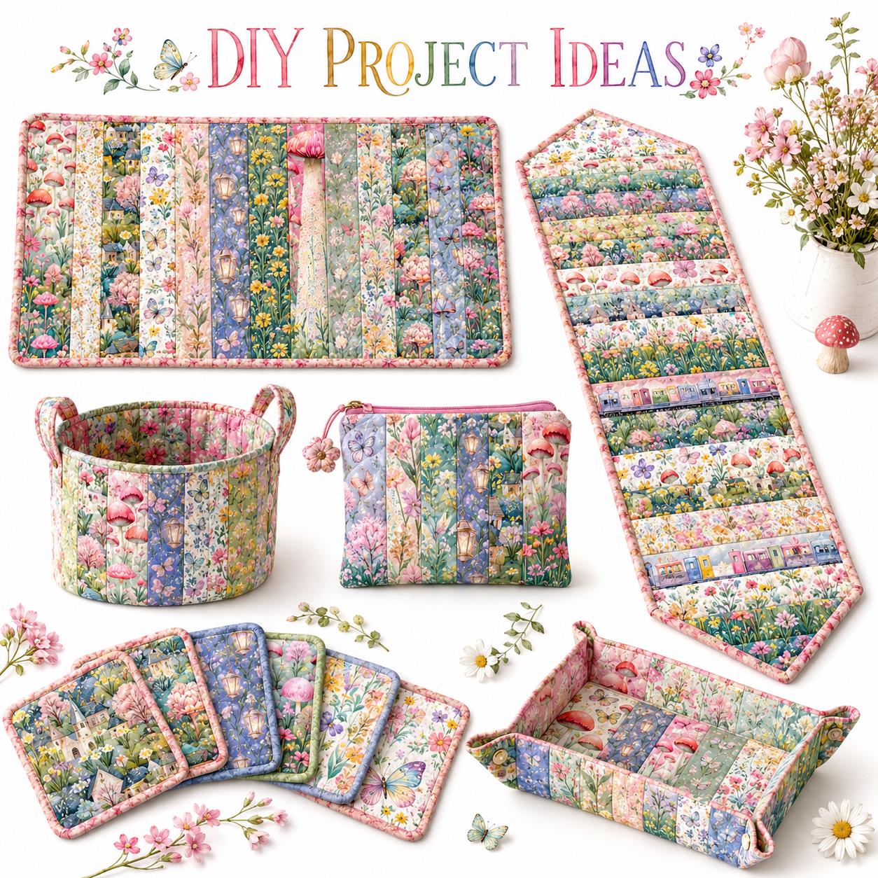10pcs Vintage Floral Mushroom Spring Pattern Jelly Roll Fabric Strips 2.5X19.7inch Pre-cut 100% Polyester for Patchwork Quilts, Table Runners, Placemats, Tote Bags, Storage Pouches, Makeup Bags, Coasters, Quilt Blocks & Binding