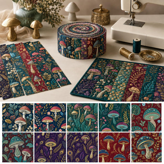 10pcs Vintage Mushroom Floral Pattern Jelly Roll Fabric Strips 2.5X19.7inch Pre-Cut 100% Polyester For Patchwork Quilts, Table Runners, Placemats, Tote Bags, Storage Pouches, Makeup Bags, Coasters, Quilt Blocks & Binding