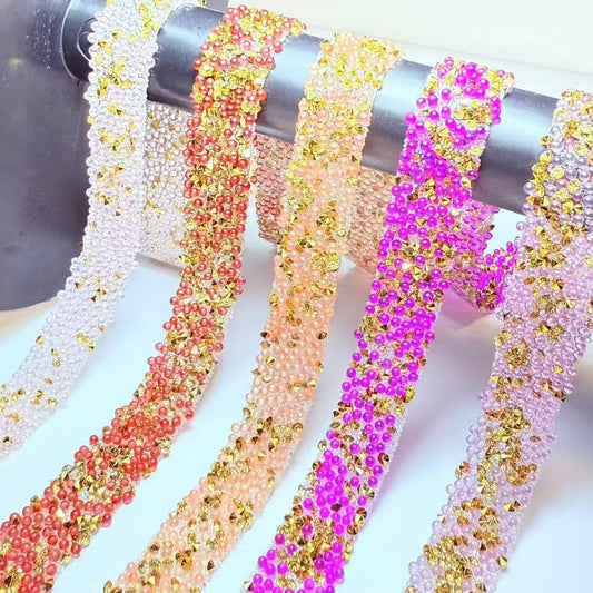 1Meter Self-Adhesive Faux Pearl Rhinestone Beads Ribbon Roll,12,mm Width Iron On Decorative Trim Tape,for Clothing, Bags, Hats, Shoes, Glue, Drill, Handmade DIY Arts, Crafts & Sewing Accessories