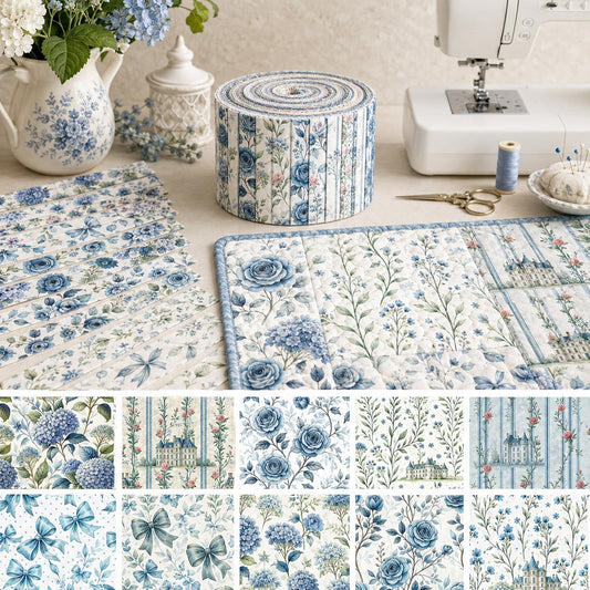 10pcs Vintage Blue Floral House Pattern Jelly Roll Fabric Strips 2.5X19.7inch Pre-Cut 100% Polyester For Patchwork Quilts, Table Runners, Placemats, Tote Bags, Storage Pouches, Makeup Bags, Coasters, Quilt Blocks & Binding