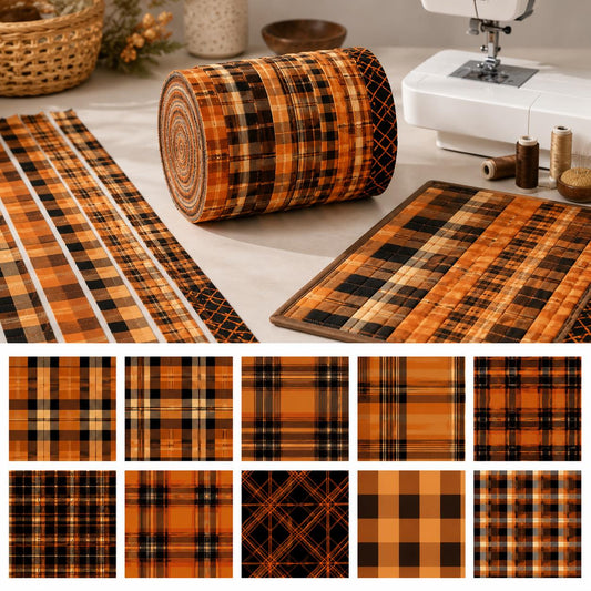 10pcs Vintage Plaid Autumn Pattern Jelly Roll Fabric Strips 2.5X19.7inch Pre-Cut 100% Polyester For Patchwork Quilts, Table Runners, Placemats, Tote Bags, Storage Pouches, Makeup Bags, Coasters, Quilt Blocks & Binding