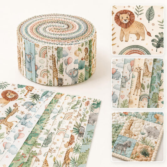 10pcs Vintage Animal Elephant Giraffe Theme Jelly Roll Fabric Strips 2.5X19.7inch Pre-Cut 100% Polyester For Patchwork Quilts, Table Runners, Placemats, Tote Bags, Storage Pouches, Makeup Bags, Coasters, Quilt Blocks & Binding