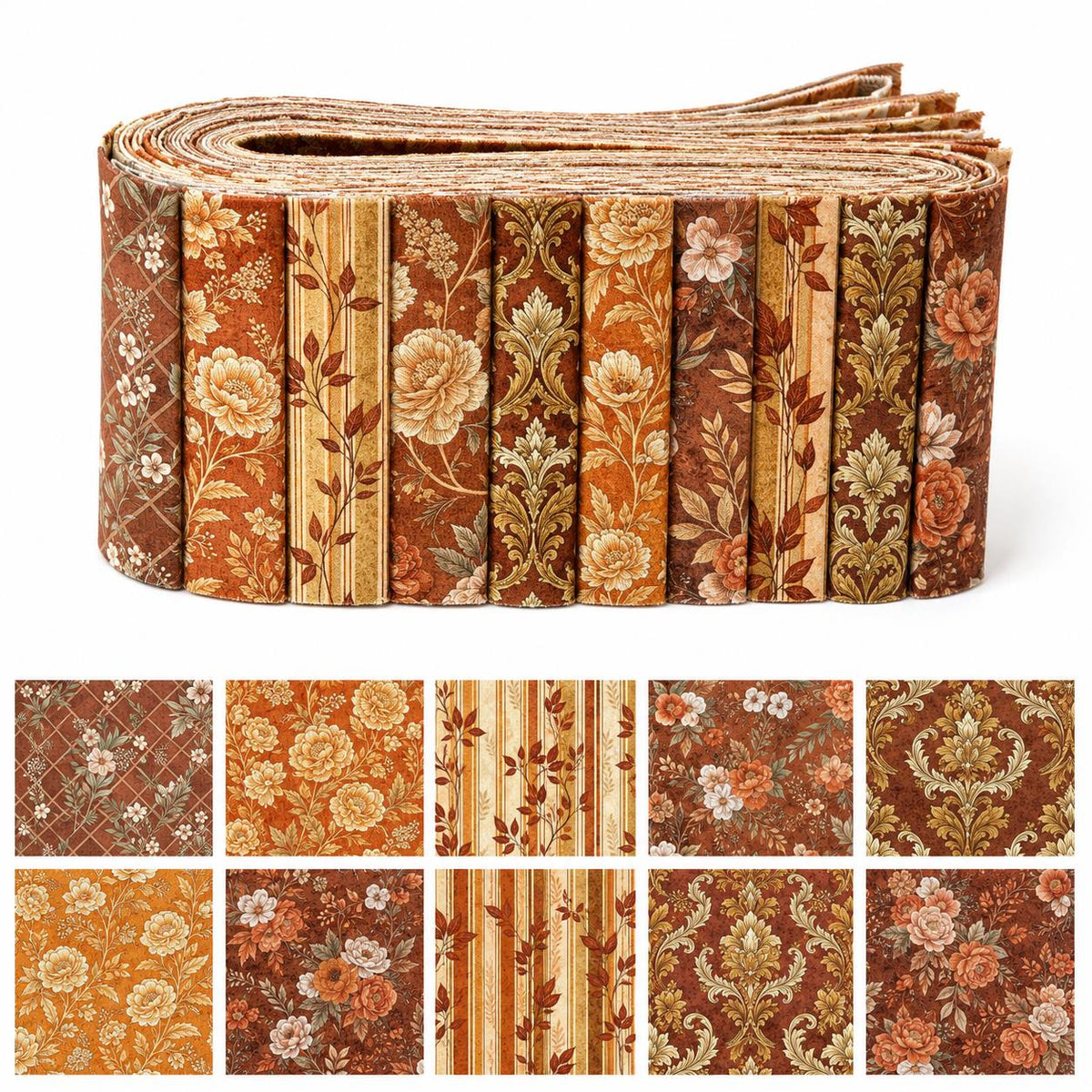 10pcs Vintage Autumn Floral Pattern Jelly Roll Fabric Strips 2.5X19.7inch Pre-Cut 100% Polyester For Patchwork Quilts, Table Runners, Placemats, Tote Bags, Storage Pouches, Makeup Bags, Coasters, Quilt Blocks & Binding