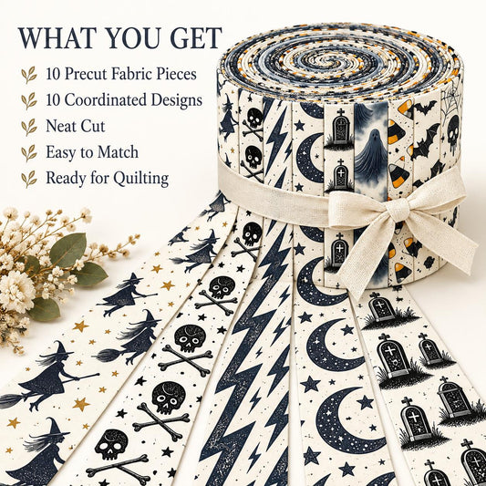 10pcs Vintage Bat Skull Spider Halloween Theme Jelly Roll Fabric Strips 2.5X19.7inch Pre-Cut 100% Polyester For Patchwork Quilts, Table Runners, Placemats, Tote Bags, Storage Pouches, Makeup Bags, Coasters, Quilt Blocks & Binding