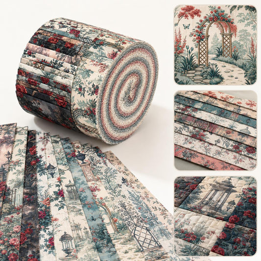 10pcs Vintage Floral Door Pavilion Pattern Jelly Roll Fabric Strips 2.5X19.7inch Pre-Cut 100% Polyester For Patchwork Quilts, Table Runners, Placemats, Tote Bags, Storage Pouches, Makeup Bags, Coasters, Quilt Blocks & Binding