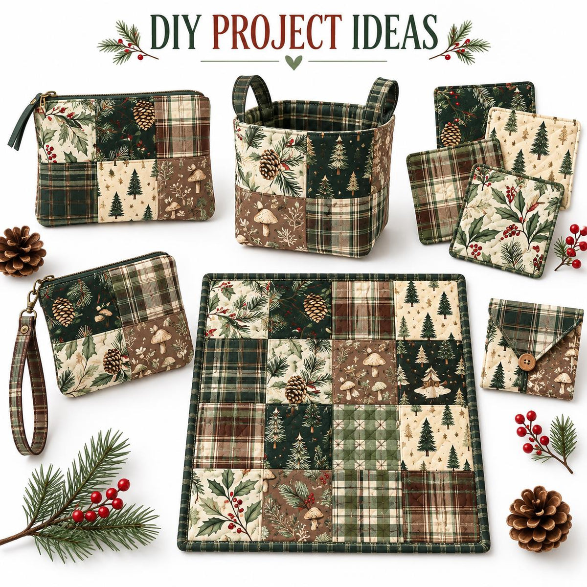 10Pc/set Christmas Series plaid tree mushroom Holly Pinecones Fat Quarter Fabric, Pre-Cut Square Fabric Assort, Fabric Set, Craft Fabric, Handmade DIY Patchwork Fabric,Home Quilting Sewing Fabric, Packaging Fabric, Scrapbooking Craft Hobbyist