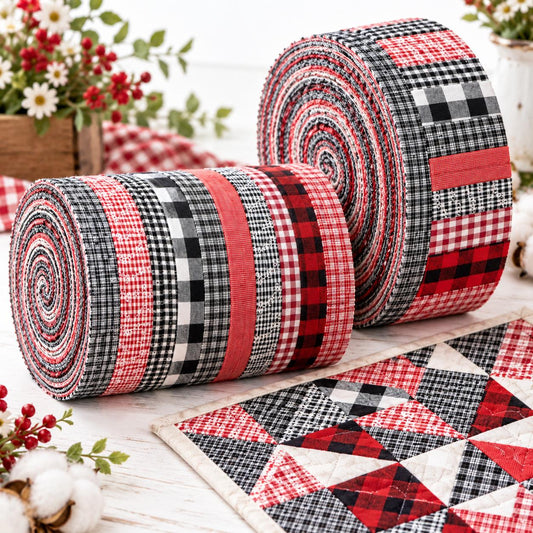 10pcs Vintage Plaid Red & Black Pattern Jelly Roll Fabric Strips 2.5X19.7inch Pre-Cut 100% Polyester For Patchwork Quilts, Table Runners, Placemats, Tote Bags, Storage Pouches, Makeup Bags, Coasters, Quilt Blocks & Binding