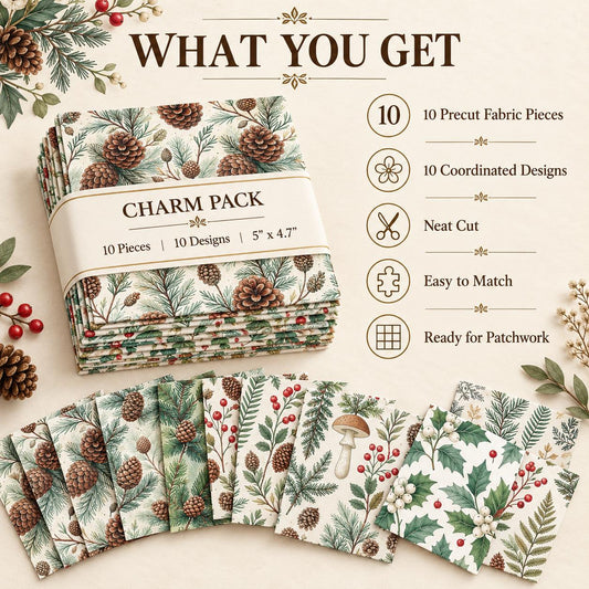 10Pc/Set Christmas Series Tree Mushroom Holly Pinecones Fat Quarter Fabric, Pre-Cut Square Fabric Assort, Fabric Set, Craft Fabric, Handmade DIY Patchwork Fabric,Home Quilting Sewing Fabric, Packaging Fabric, Scrapbooking Craft Hobbyist