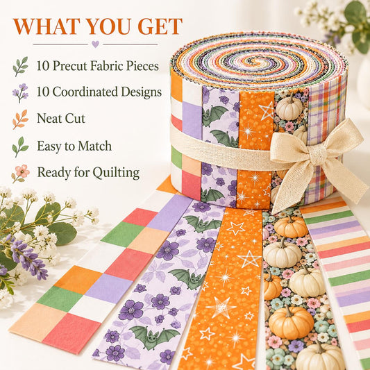 10pcs Vintage Pumpkin Bat Skull Halloween Pattern Jelly Roll Fabric Strips 2.5X19.7inch Pre-Cut 100% Polyester For Patchwork Quilts, Table Runners, Placemats, Tote Bags, Storage Pouches, Makeup Bags, Coasters, Quilt Blocks & Binding