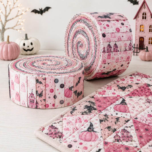 10pcs Vintage Pumpkin Bat Ghost Halloween Theme Jelly Roll Fabric Strips 2.5X19.7inch Pre-Cut 100% Polyester For Patchwork Quilts, Table Runners, Placemats, Tote Bags, Storage Pouches, Makeup Bags, Coasters, Quilt Blocks & Binding