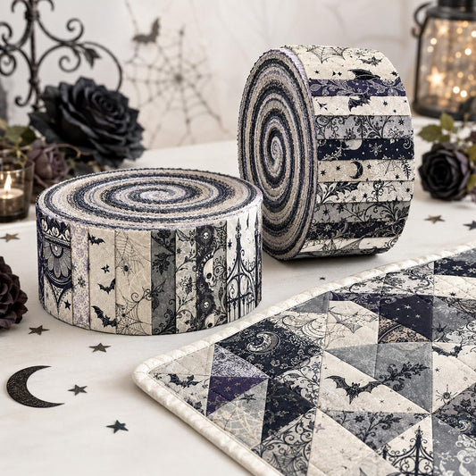 10pcs Vintage Skull Cat Bat Halloween Theme Jelly Roll Fabric Strips 2.5X19.7inch Pre-Cut 100% Polyester For Patchwork Quilts, Table Runners, Placemats, Tote Bags, Storage Pouches, Makeup Bags, Coasters, Quilt Blocks & Binding