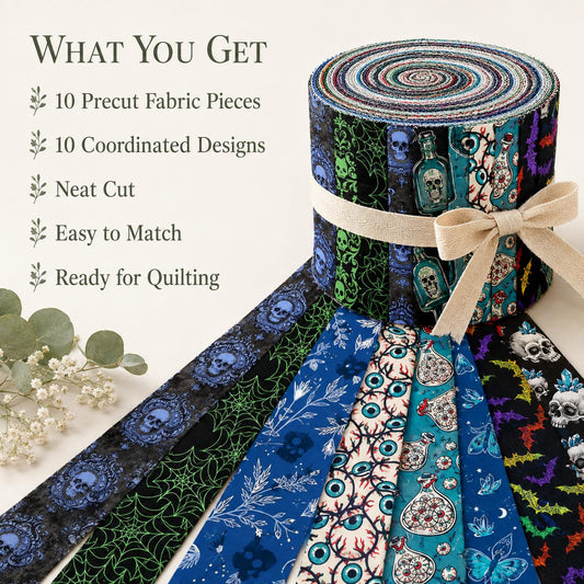 10pcs Vintage Green Skull Bat Halloween Theme Jelly Roll Fabric Strips 2.5X19.7inch Pre-Cut 100% Cotton For Patchwork Quilts, Table Runners, Placemats, Tote Bags, Storage Pouches, Makeup Bags, Coasters, Quilt Blocks & Binding