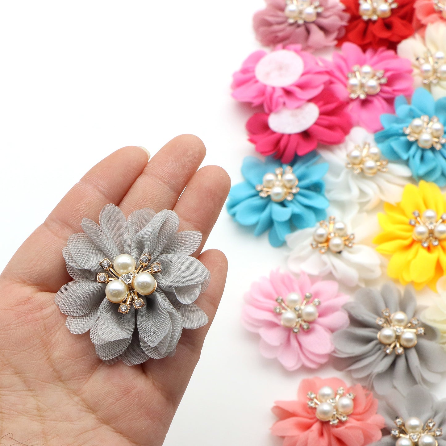 12Pcs/set Chiffon Fabric Flowers with Faux Pearl Center, 1.96inch Polyester Hair Accessories for DIY Hairbands, Headbands, Dresses, Sandals, Hats - Casual Style, Woven, Festive Decorations