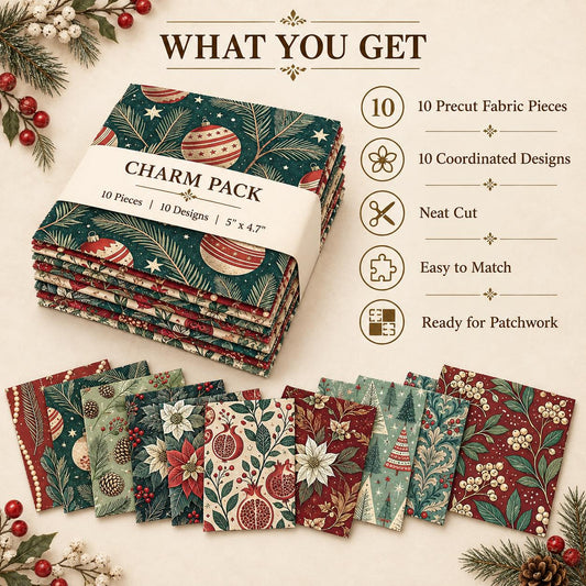 10Pc/Set Christmas Series Flower Tree Pinecones Star Fat Quarter Fabric, Pre-Cut Square Fabric Assort, Fabric Set, Craft Fabric, Handmade DIY Patchwork Fabric,Home Quilting Sewing Fabric, Packaging Fabric, Scrapbooking Craft Hobbyist