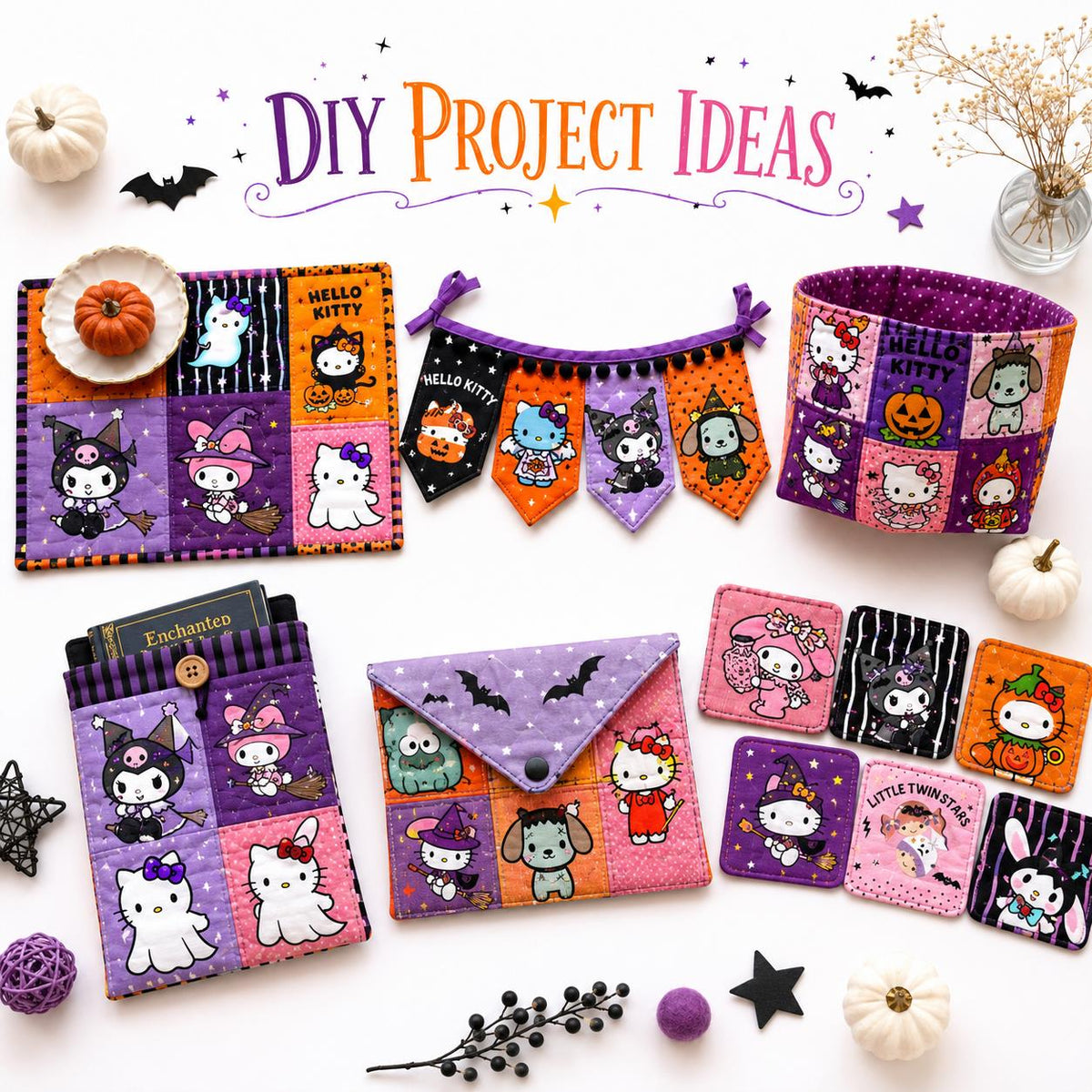 10Pc/Set Sanrio Series Kitty PompomPurin Melody Kuromi Halloween Fat Quarter Fabric, Pre-Cut Square Fabric Assort, Fabric Set, Craft Fabric, Handmade DIY Patchwork Fabric,Home Quilting Sewing Fabric, Packaging Fabric, Scrapbooking Craft Hobbyist
