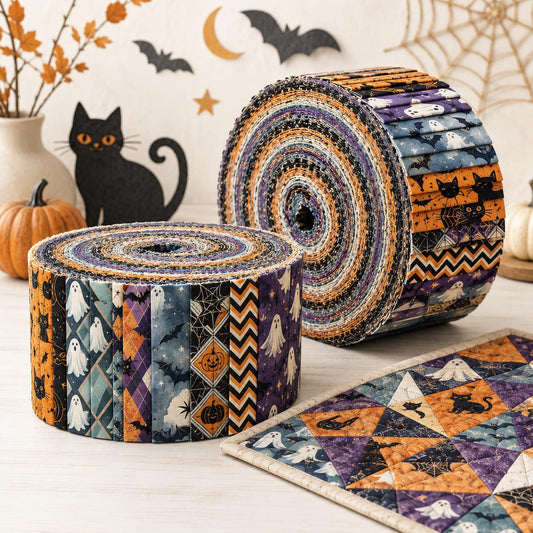 10pcs Vintage Pumpkin Cat Ghost Halloween Theme Jelly Roll Fabric Strips 2.5X19.7inch Pre-Cut 100% Polyester For Patchwork Quilts, Table Runners, Placemats, Tote Bags, Storage Pouches, Makeup Bags, Coasters, Quilt Blocks & Binding
