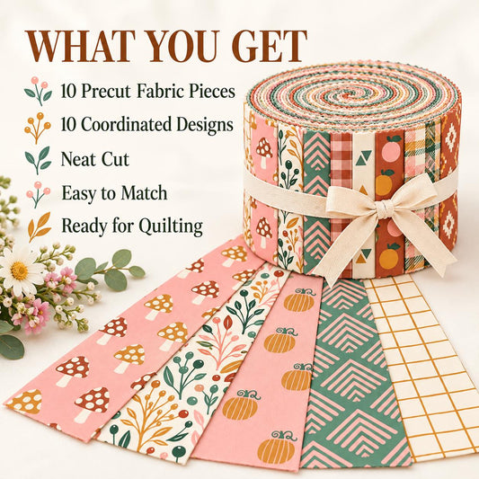 10pcs Vintage Geometric Pumpkin Autumn Pattern Jelly Roll Fabric Strips 2.5X19.7inch Pre-Cut 100% Polyester For Patchwork Quilts, Table Runners, Placemats, Tote Bags, Storage Pouches, Makeup Bags, Coasters, Quilt Blocks & Binding