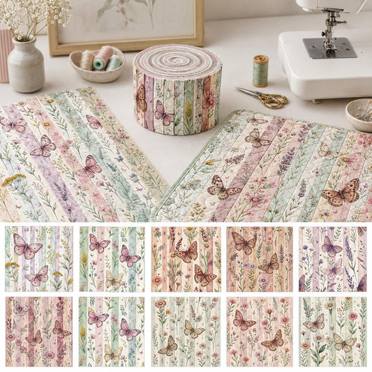 10pcs Vintage Floral Butterfly Pattern Jelly Roll Fabric Strips 2.5X19.7inch Pre-Cut 100% Polyester For Patchwork Quilts, Table Runners, Placemats, Tote Bags, Storage Pouches, Makeup Bags, Coasters, Quilt Blocks & Binding