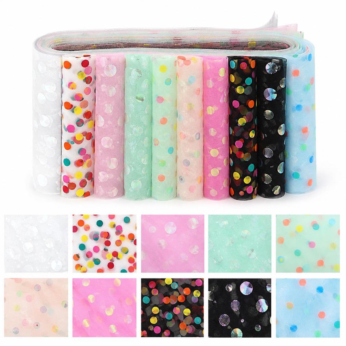 10Pc/Set, Making 10 Images 1pc Each, Each Size: 6.3*50cm Mesh Gauze Dot Series Sliced Fabric Set Style Combination, Polyester Jelly Roll Fabric Strips, Pre-Cut Quilting Squares, For Quilting DIY, Handicrafts And Sewing, Blankets, Rugs, Interior Decoration