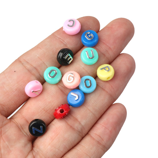 10G/pack Assorted Colorful 10mm Acrylic Alphabet Beads with Silvery Lettering for DIY Phone Chain Crafting and Ladies' Jewelry Making