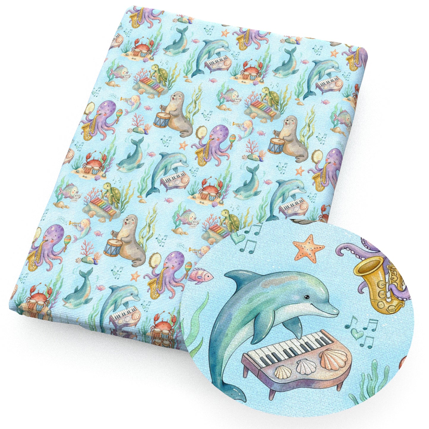 dolphin the seal crabcrabs fish octopus turtle tortoise seaweed piano fabric