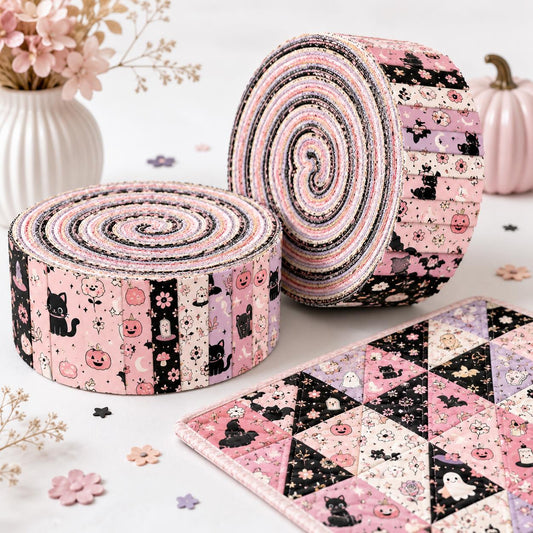10pcs Vintage Cat Bat Ghost Pink Halloween Theme Jelly Roll Fabric Strips 2.5X19.7inch Pre-Cut 100% Polyester For Patchwork Quilts, Table Runners, Placemats, Tote Bags, Storage Pouches, Makeup Bags, Coasters, Quilt Blocks & Binding