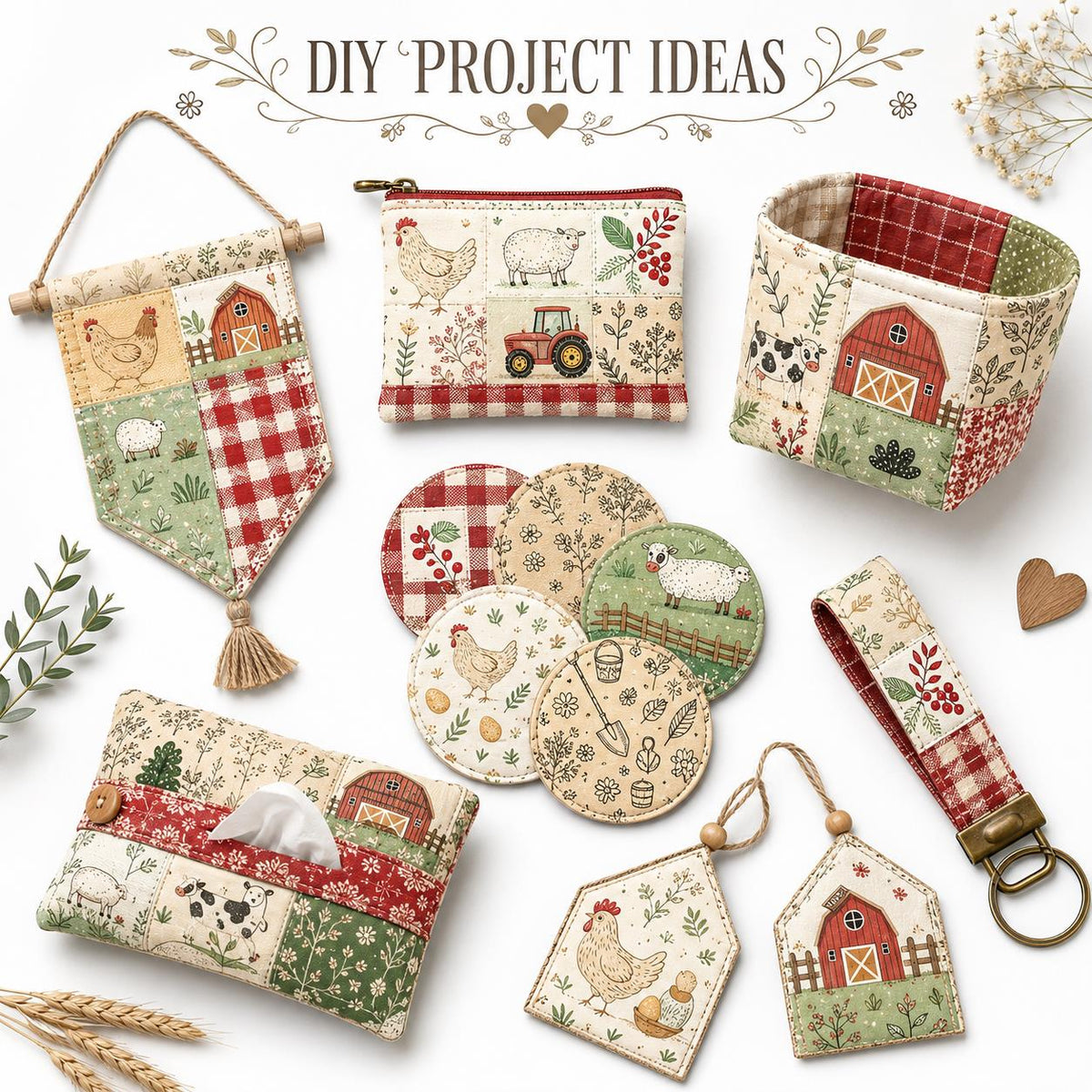 10pcs Charm Pack Set Hen Egg Sheep Farm Pattern Vintage Style Handmade DIY with Rich Color and Texture Elements 100% Polyester Patchwork in 10 Design Styles Suitable for Patchwork DIY Craft Projects DIY Wallet Making Gift Giving Bag Making Mother's Day Gi