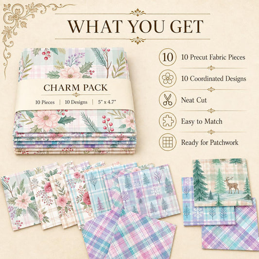 10Pc/Set Christmas Plaid Flower Series Deer Holly Pinecones Fat Quarter Fabric, Pre-Cut Square Fabric Assort, Fabric Set, Craft Fabric, Handmade DIY Patchwork Fabric,Home Quilting Sewing Fabric, Packaging Fabric, Scrapbooking Craft Hobbyist